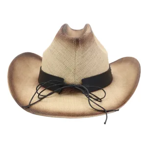 Detailed view of the classic straw cowboy hat showing the stylish wide brim and vintage design.