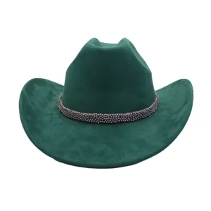 Chapeau western en suédine vert foncé pour adultes, chapeau de cowboy vintage perlé