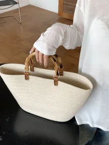 Borsa a mano intrecciata in corda di cotone beige con manici in bambù, grande borsa estiva.