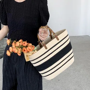 Borsa a Mano Intrecciata in Corda di Cotone ad Alta Capacità Con Manico in Bambù Borsa da Spiaggia a Righe Borsa a Cesto Casual