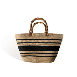 Borsa di paglia intrecciata con manici in bambù e righe nere, grande borsa da spiaggia estiva.
