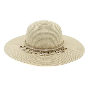 Chapeau de Paille à Large Bord pour Femmes Été Plage Protection Solaire Chapeau de Soleil Avec Glands de Coquillage Accessoires de Vacances Boho