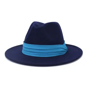 Cappello fedora in lana tesa piatta autunno inverno uomo donna con nastro blu elegante.