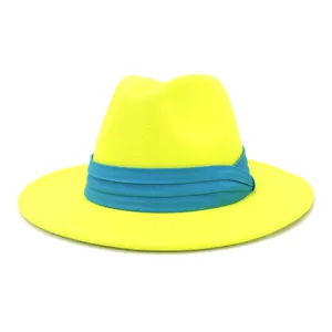 Cappello fedora in lana giallo neon con nastro blu tesa larga cappello jazz dettaglio