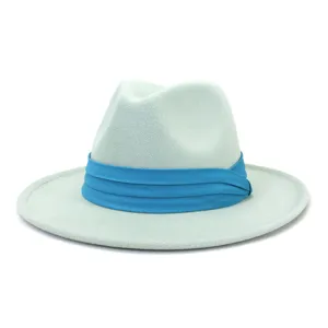 Cappello fedora in lana verde chiaro con fascia plissettata blu, accessorio moda unisex