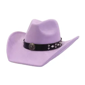 Purple suede western cowboy hat featuring a black leather band and cool silver metal studs.