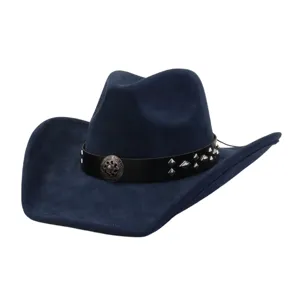 Classic dark blue suede cowboy hat with stylish metal stud band for autumn and winter fashion.