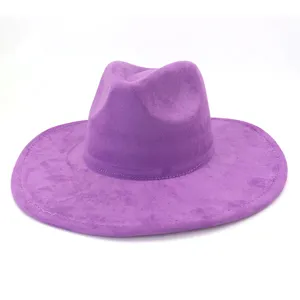 Detailed view of the purple suede fedora hat featuring wide brim for stylish casual wear