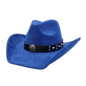 Blue suede cowboy hat with black studded leather band and metal buckle for western style