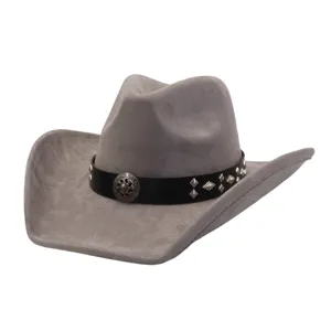 Close-up of the textured grey suede cowboy hat, featuring metallic studs and a retro buckle.