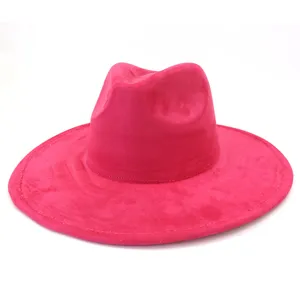 Bright pink faux suede fedora hat for men and women, wide brim stylish jazz cap outfit.