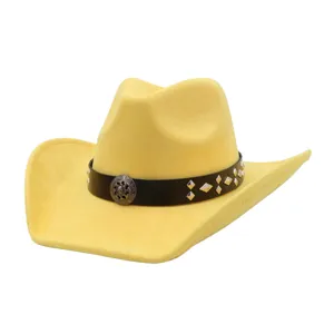 Yellow faux suede western cowboy hat with studded black leather band and metal concho detail.