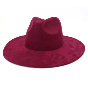 Elegant burgundy suede fedora hat for men and women, wide brim vintage gentleman hat.