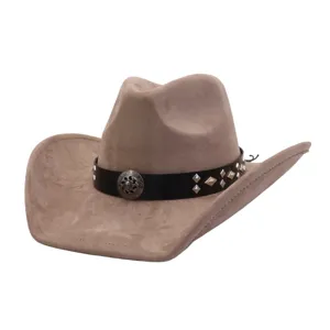 Close-up of soft suede western cowboy hat with metal stud band and wide brim details