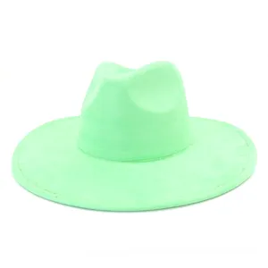 Detailed view of a mint green suede wide brim fedora hat, classic style for men and women.