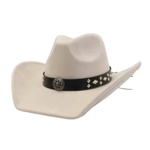 Detail view of the vintage western cowboy hat, soft faux suede with metal studded leather band.