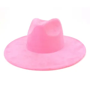 Fashionable pink suede fedora hat for men and women wide brim gentleman stylish sun cap
