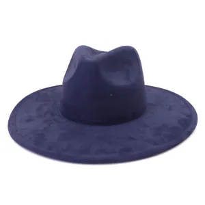 Detail view of the dark blue suede wide brim fedora hat, classic gentleman fashion unisex.