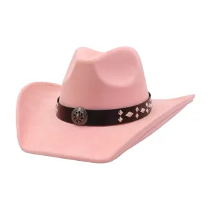 Pink suede western cowboy hat with studded leather band and metal concho detail for women.