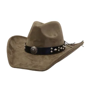 Brown suede western cowboy hat detail with black studded leather band and metal concho buckle.