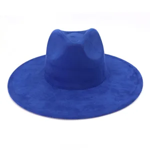 Blue suede fedora wide-brim hat for men and women, classic gentleman hat detail showcase.