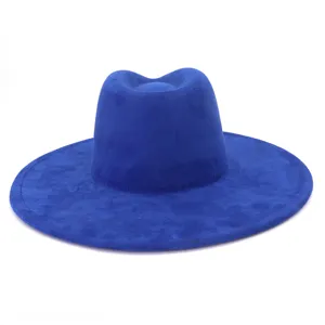 Blue wide brim fedora hat for men and women, classic suede jazz cap for autumn and winter.