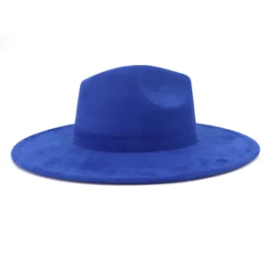 Blue suede wide brim fedora hat for men and women, classic retro fashion gentleman hat.
