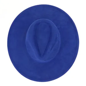 Detailed top view of a classic royal blue suede wide brim fedoras hat texture close up.