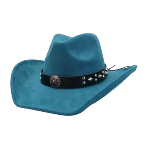 Blue suede cowboy hat wide brim fedora western jazz hat with studded leather band