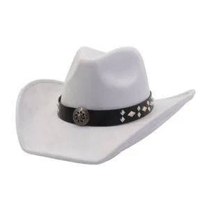 Grey suede cowboy hat with black leather band, metal studs and gothic decorative medallion for men women.