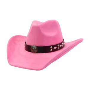 Close-up detail of the pink soft suede cowboy hat with studded brown belt and metal buckle.