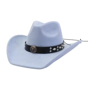Light blue suede cowboy hat with black leather band, studded details and vintage skull buckle detail.