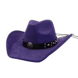 Purple faux suede western cowboy hat with studded black band and vintage concho detail.