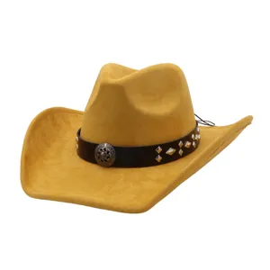 Yellow faux suede cowboy hat featuring stylish metal studs and ethnic band detail.