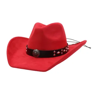 Red suede cowboy hat with black leather band and metal rivets for autumn winter fashion.