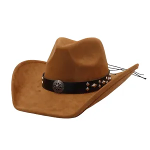 Brown suede cowboy hat with black leather band and metal rivets for autumn winter fashion.