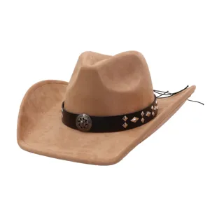 Detailed close-up view of the soft suede western cowboy hat with leather band and metal studs.