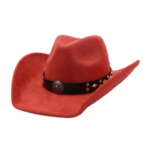 Red soft suede cowboy hat with metal stud band, detailed view for autumn winter fashion.