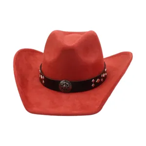 Detail view of red faux suede western cowboy hat with black band and metal studded design.