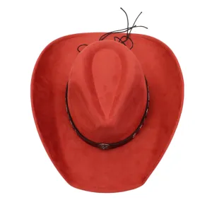 Red suede cowboy hat detail, wide brim fedora jazz hat for women men autumn winter fashion.