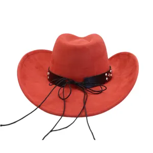 Red suede cowboy hat with black studded leather band and tassel strings for autumn winter.