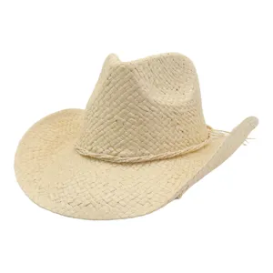 Chapeau de Paille Cowboy Western Unisexe Été Extérieur Voyage Plage Protection Solaire Chapeau Tissé Avec Bande Tressée