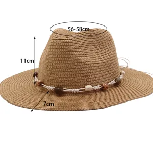 Detailed view of the summer straw sun hat with beaded band, showing hat dimensions clearly.