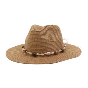 Summer straw fedora hat with bohemian beaded rope band for beach sun protection and travel.