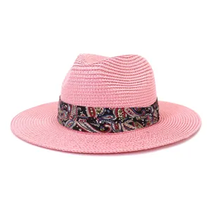 Pink straw fedora hat detail, paisley ribbon band, summer sun protection headwear