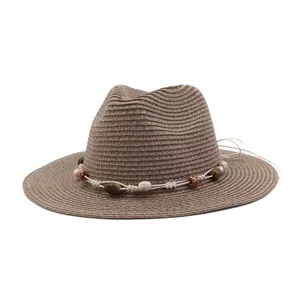 Summer woven straw fedora hat with bead rope decoration, stylish sun protection sunhat.