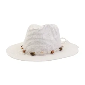 Stylish white straw sun hat with beaded rope trim, perfect for summer beach and outdoor wear.