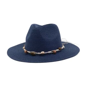 Classic navy blue straw fedora sun hat with beaded rope band for summer outdoor beach wear.