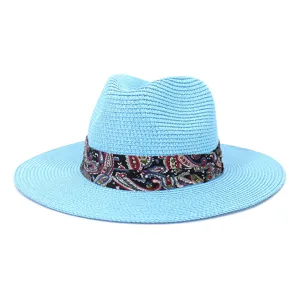 Light blue woven straw fedora sun hat detailed with a classic black paisley ribbon band.