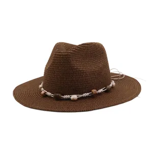 Brown woven straw fedora hat with beaded rope detail, classic sun hat for summer outdoor wear.